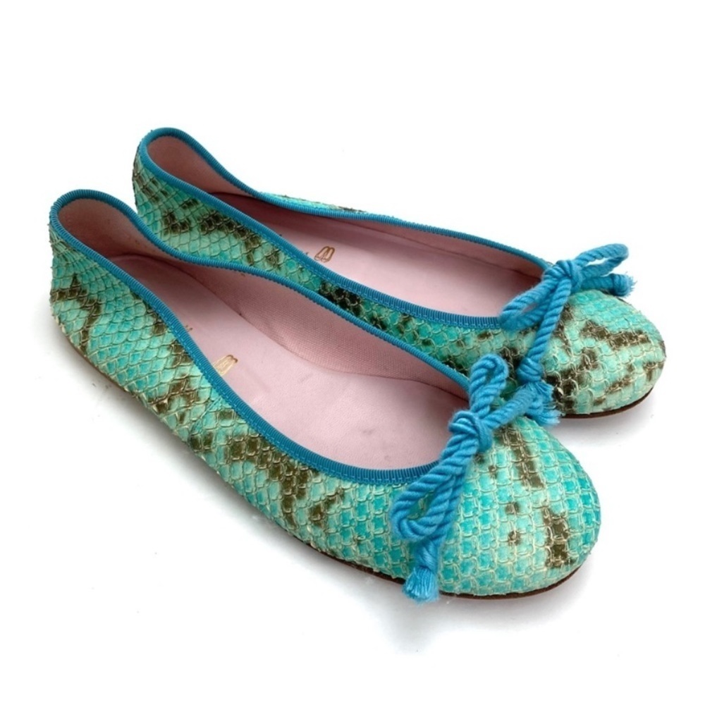 PRETTY Ballerinas Snakeskin Round toe Ballet Flats In Aqua Blue Green Size 8 - Picture 2 of 12